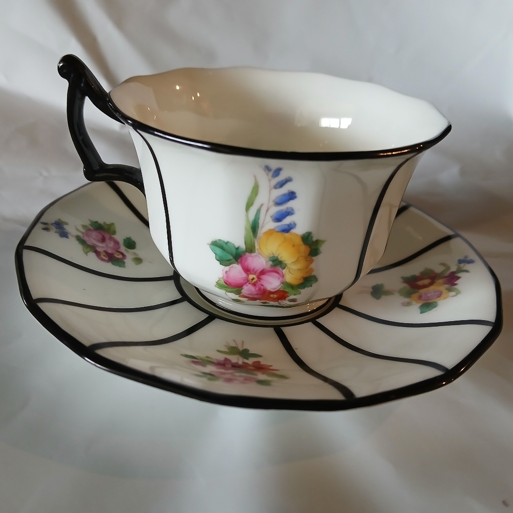 Vintage Cauldon Ltd Black Striped Teacup and Saucer Set
